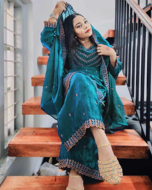 Good Looking Embroidery Work Teal Green Color Palazzo Suit