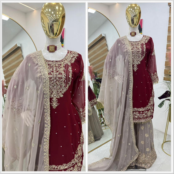 Glimmering Georgette Red Color Sharara Suit