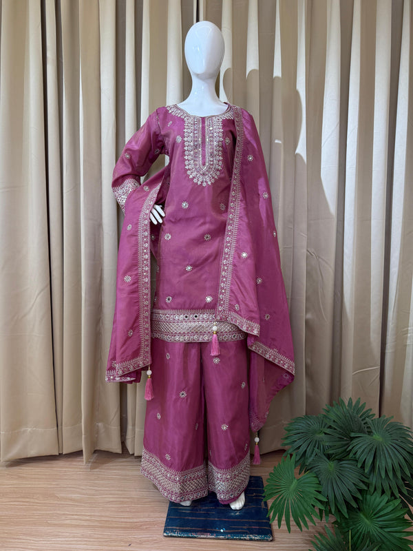 Ravishing Pink Simmer Embroidery Work Palazzo Suit