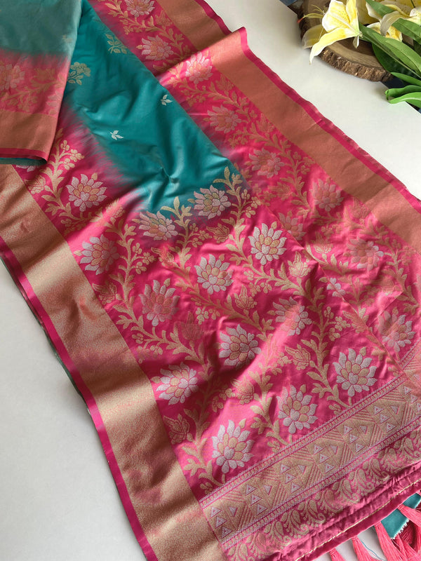 Fantastic Tone Silk Teal Blue & Pink Color Saree