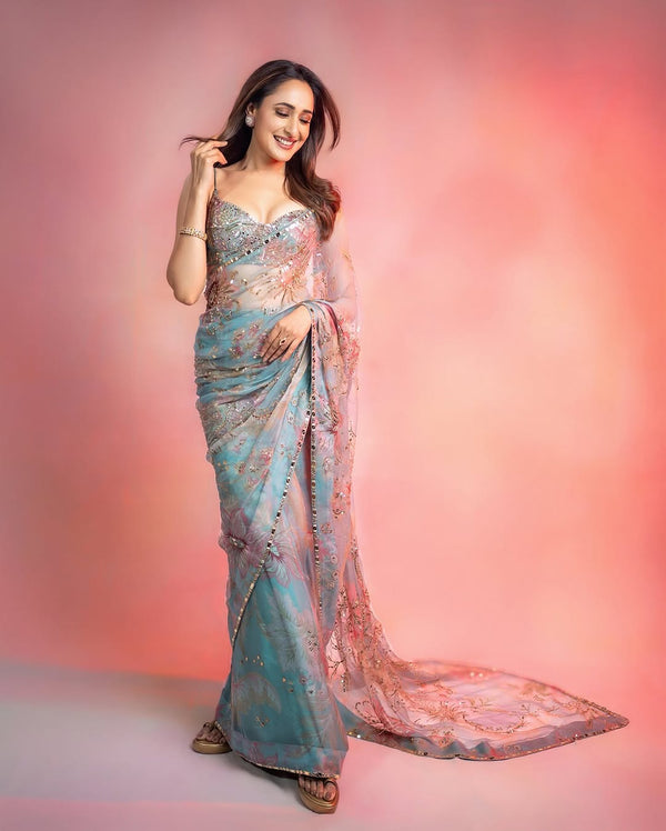 Tabby Silk Sky Blue Color Printed Party Wear Saree