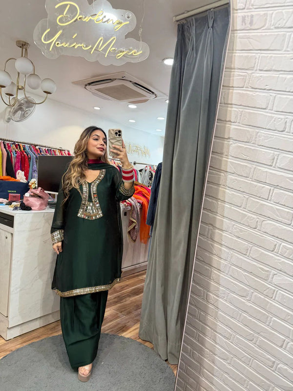 Daisy Green Rangoli Silk Mirror Work Kurti