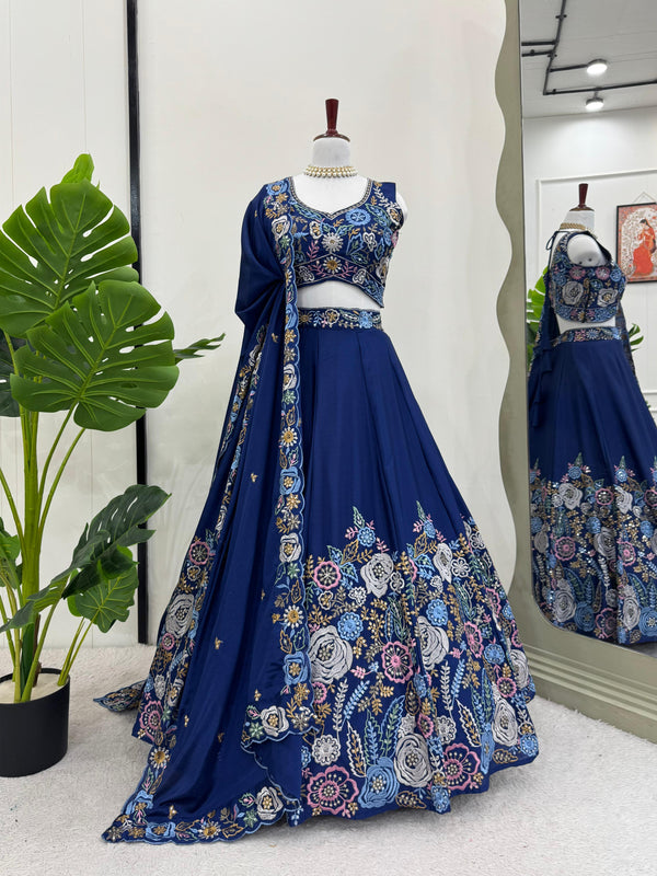Chinon Silk Sequnce Work Blue Color Lehenga Choli