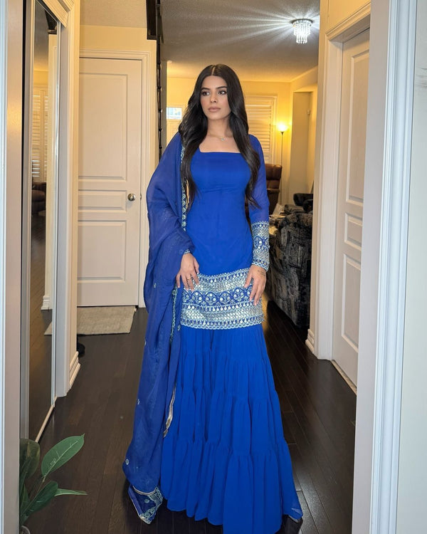 Wonderful Gorgette Sequnce Work Blue Color Sharara Suit
