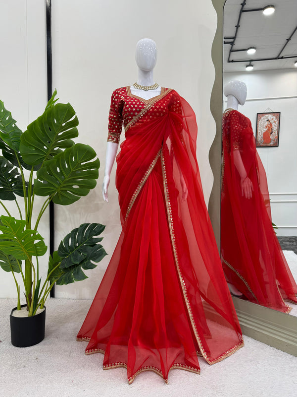 Presenting Organza Silk Red Color Saree