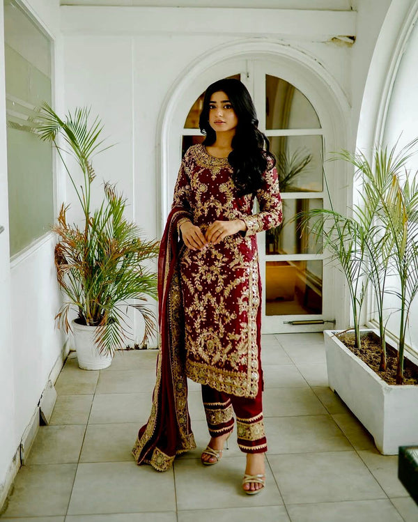 Graceful Chinnon Silk Maroon Color Palazzo Suit