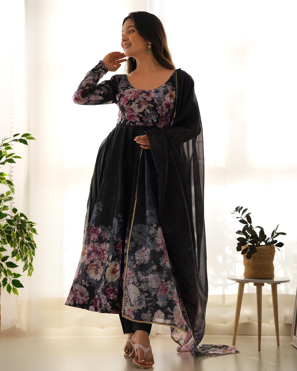 Casual Wear Multi Flower Print Black Color Anarkali Suit