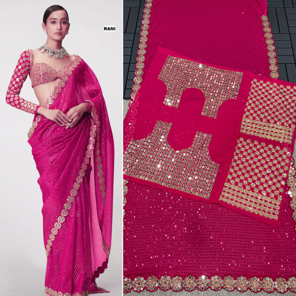 Stylish Georgette Original Mirror Pink Color Saree
