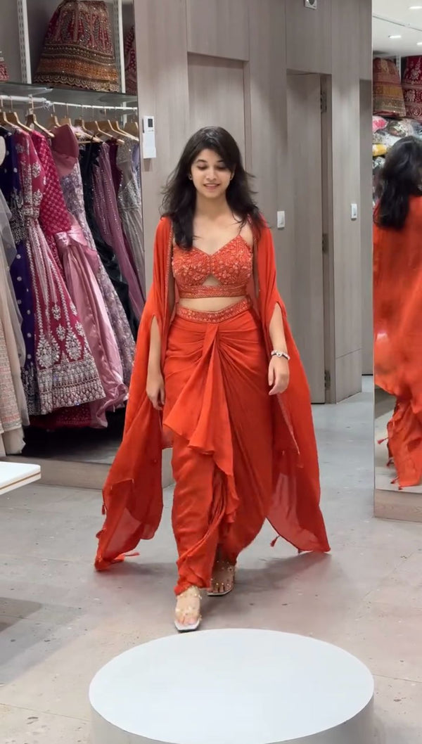 Blissful Orange Color Dhoti Suit With Shrug