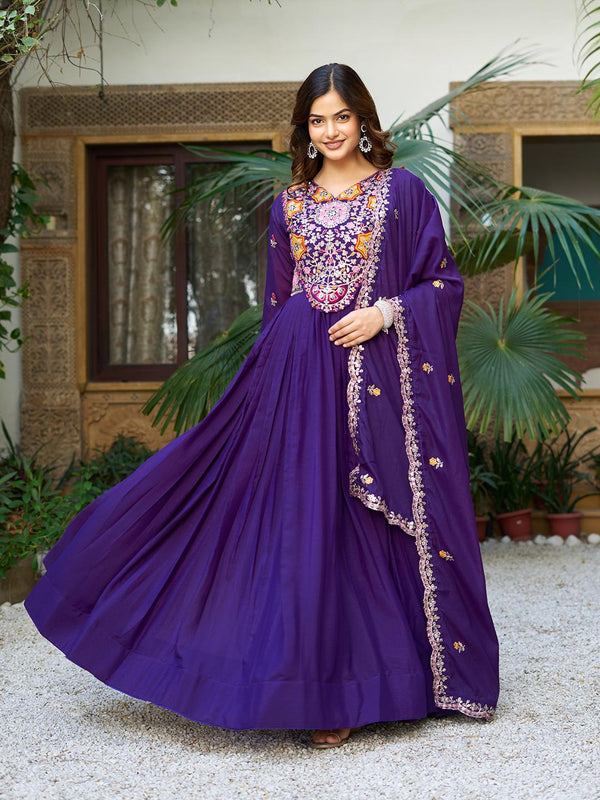 Awesome Sequence Work Purple Color Gown