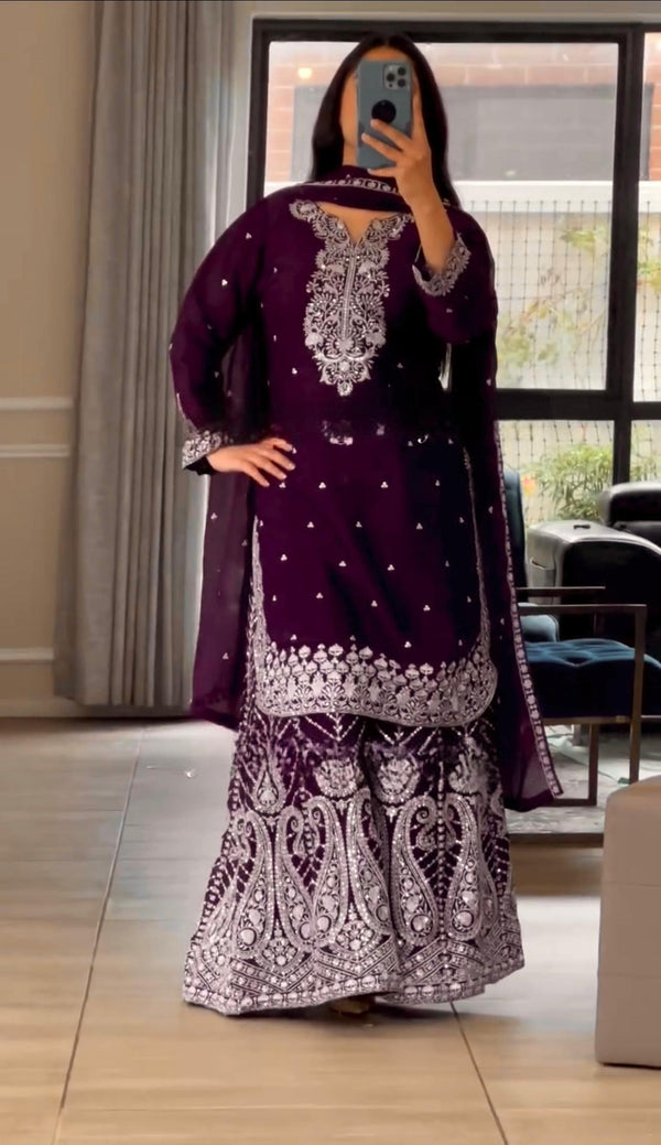 Designer Embroidery Work Wine Color Sharara Suit