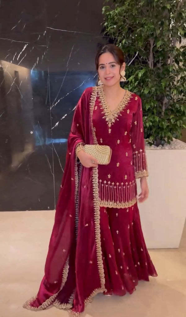 Ravishing Pink Color Embroidery Work Sharara Suit