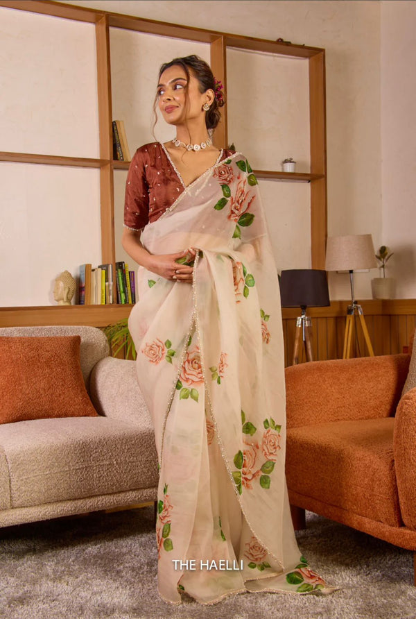 Lovely Floral Print White Color Saree