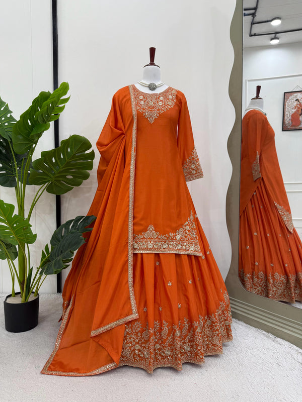 Orange Color Sequence Work Festive Wear Top With Lehenga