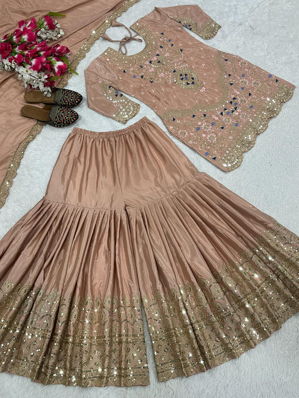 Fabulous Heavy Work Peach Color Sharara Suit
