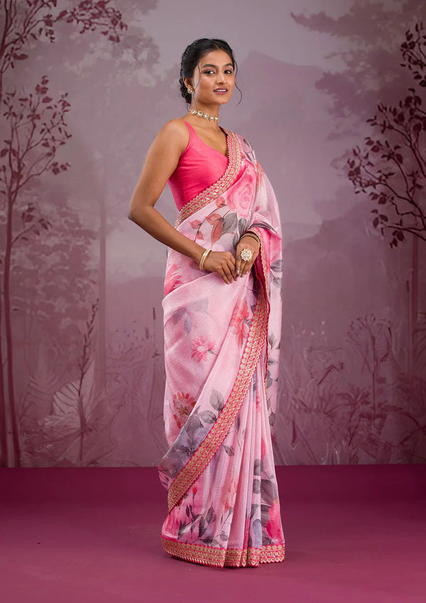 Party Wear Pink Color Flower Printed Silk Saree
