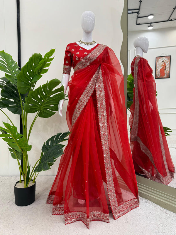 Red Color Diamond Work Organza Silk Saree