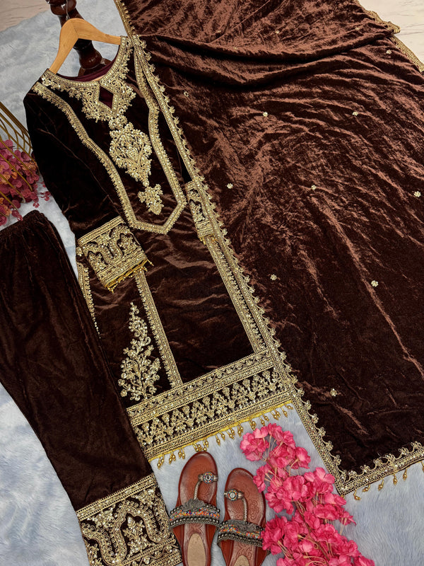 Delightful Sequence And Coding Dori Work Brown Color Sharara Suit