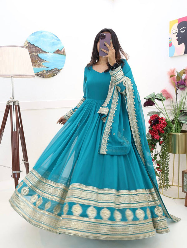 Wonderful Georgette Embroidery Work Sky Blue Color Gown