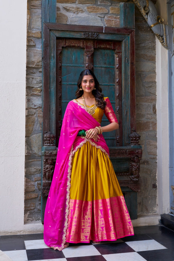 Blissful Zari Weaving Work Yellow & Pink Color Lehenga Choli