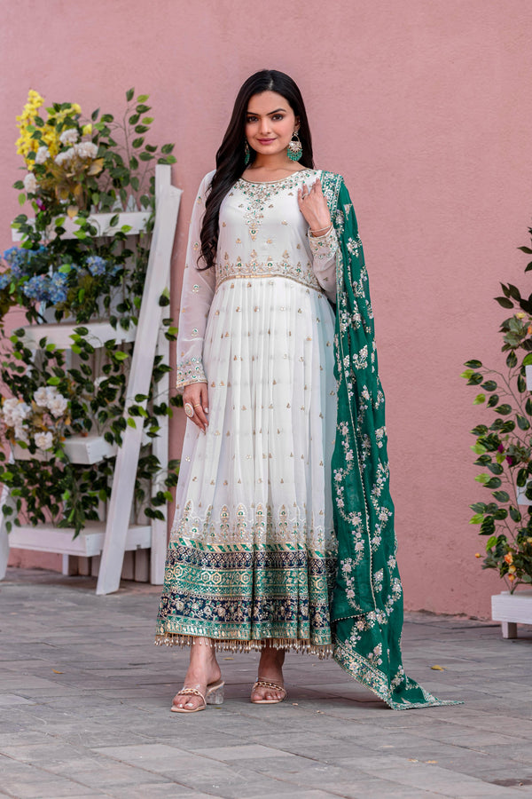 Glorious Georgette White Color Gown With Teal Blue dupatta