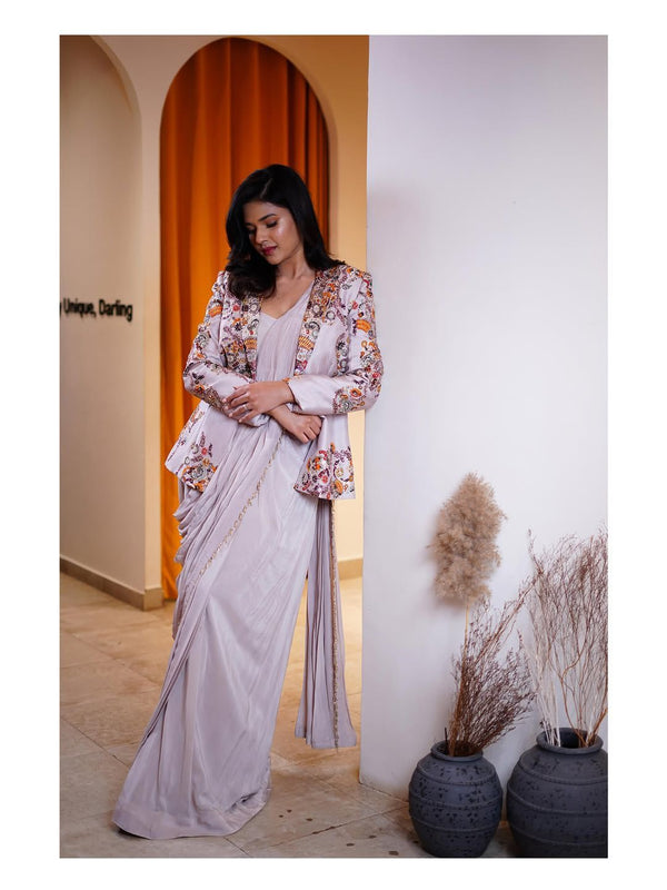 Ravishing Purple Rangoli Silk Embroidery Koti With Draped Saree