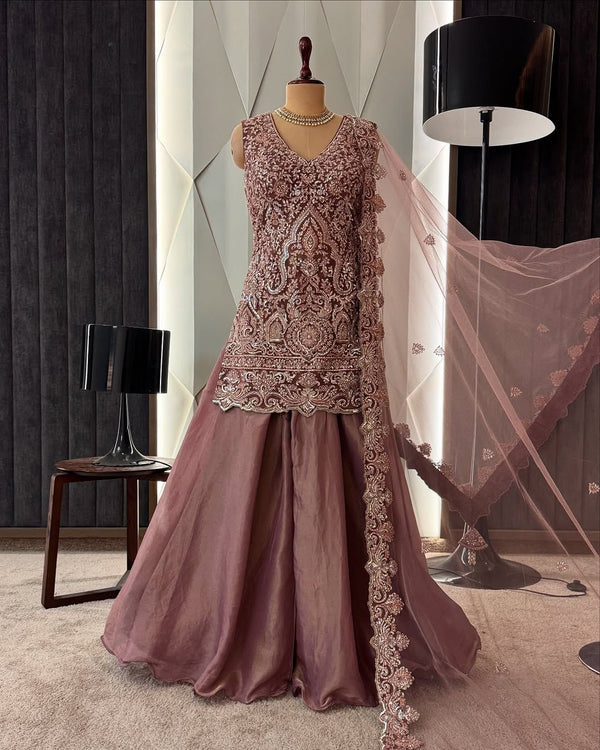 Onion Color Full Stitched Embroidered Precious Sharara Suit
