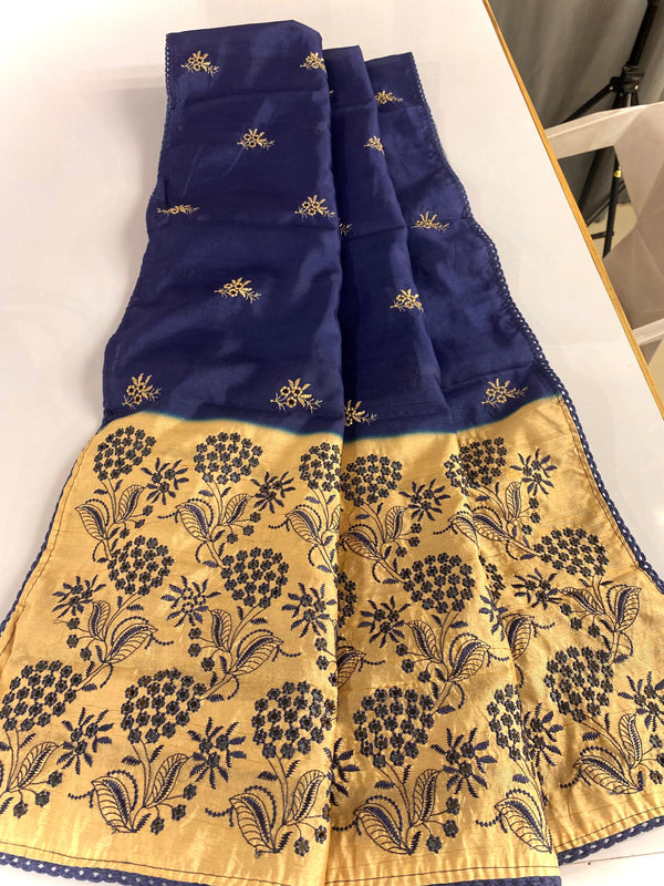Preferable Embroidery With Cut Work Designer Blue Color Sarees
