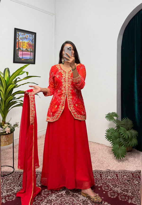 Party Wear Embroidery Work Red Color Gown Koti With Dupatta