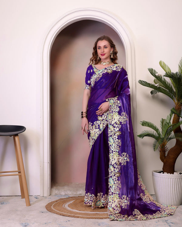 Traditional Wear Embroidery Work Purple Color Saree