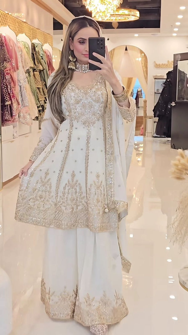 Flattering White Color Heavy Work Sharara Suit