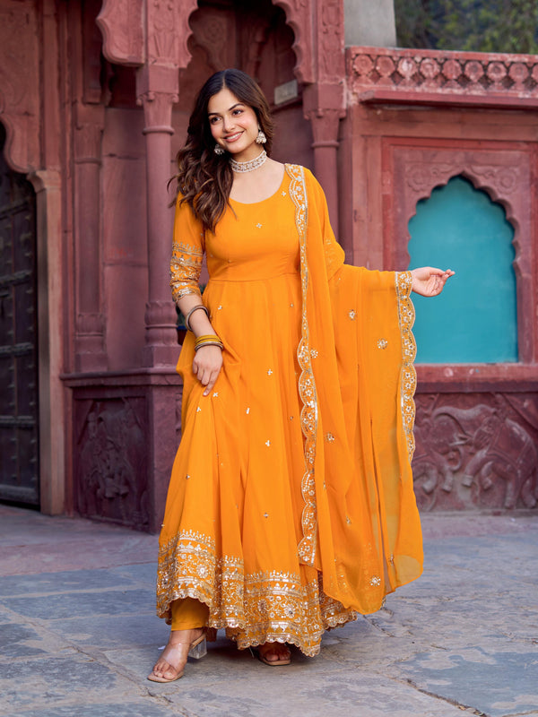 Outstanding Yellow Color Georgette Gown With Dupatta