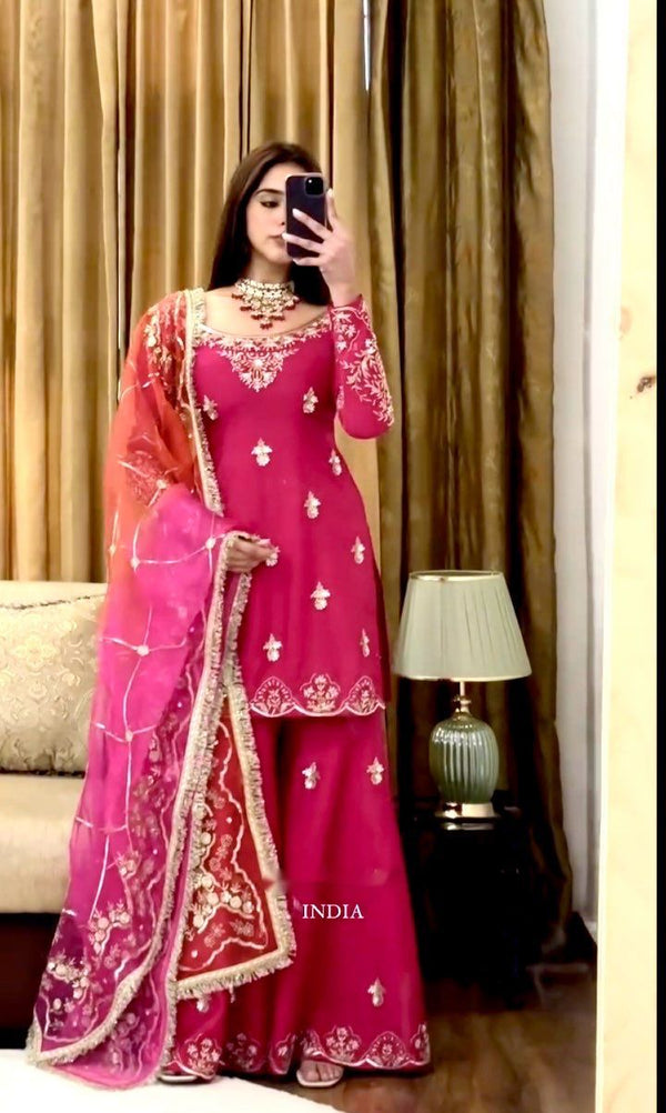 Gorgeous Pink Cinon Silk Sequence Work Sharara Suit