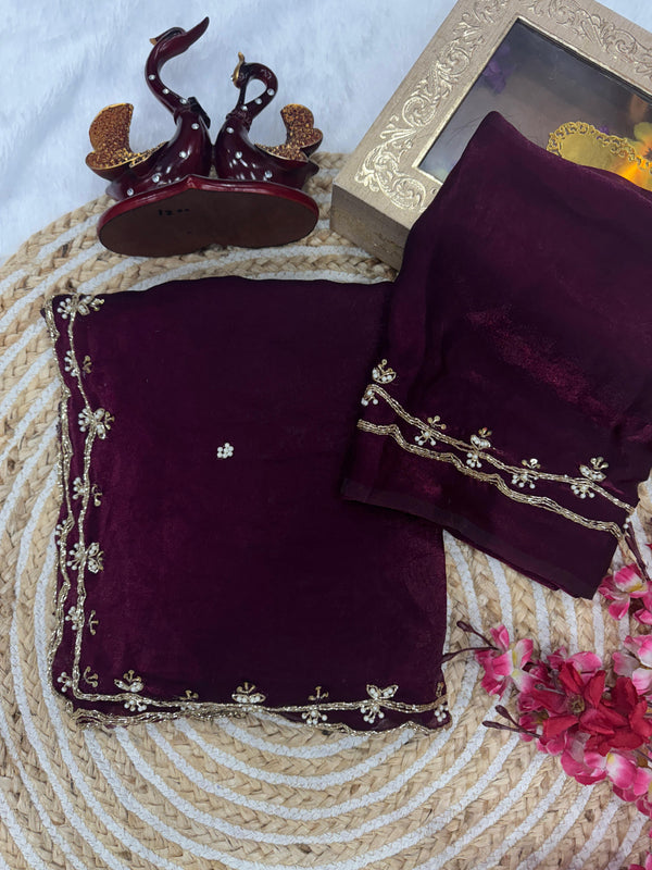 Wine Color Pearls Work Designer Silk Saree