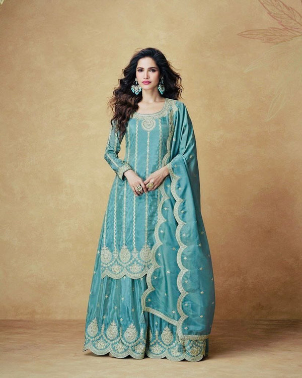 Sky Blue Color Heavy Work Chinon Silk Palazzo Suit