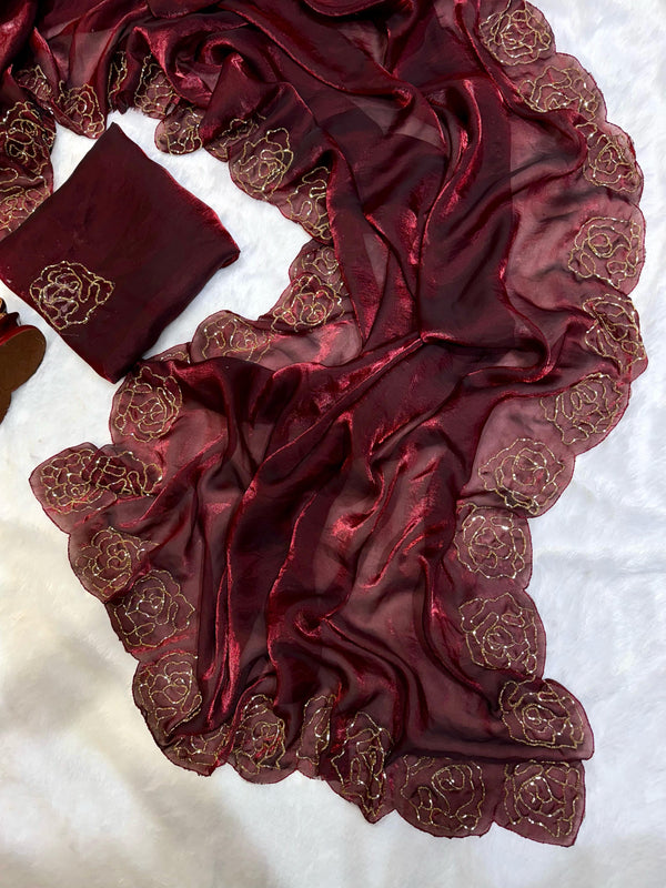 Fantastic Beautiful Katdana handwork Maroon Color saree
