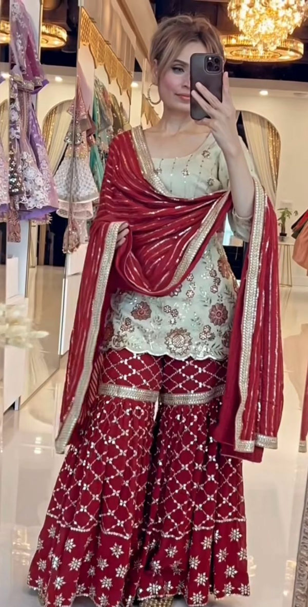 Marriage Special Heavy Work White Top With Red Sharara Suit