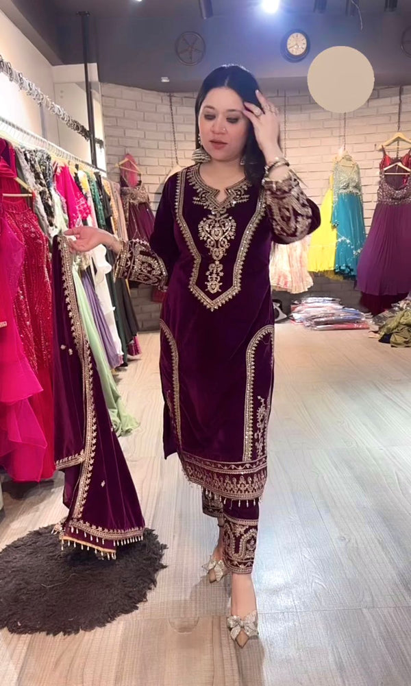 Delightful Sequence And Coding Dori Work Purple Color Sharara Suit