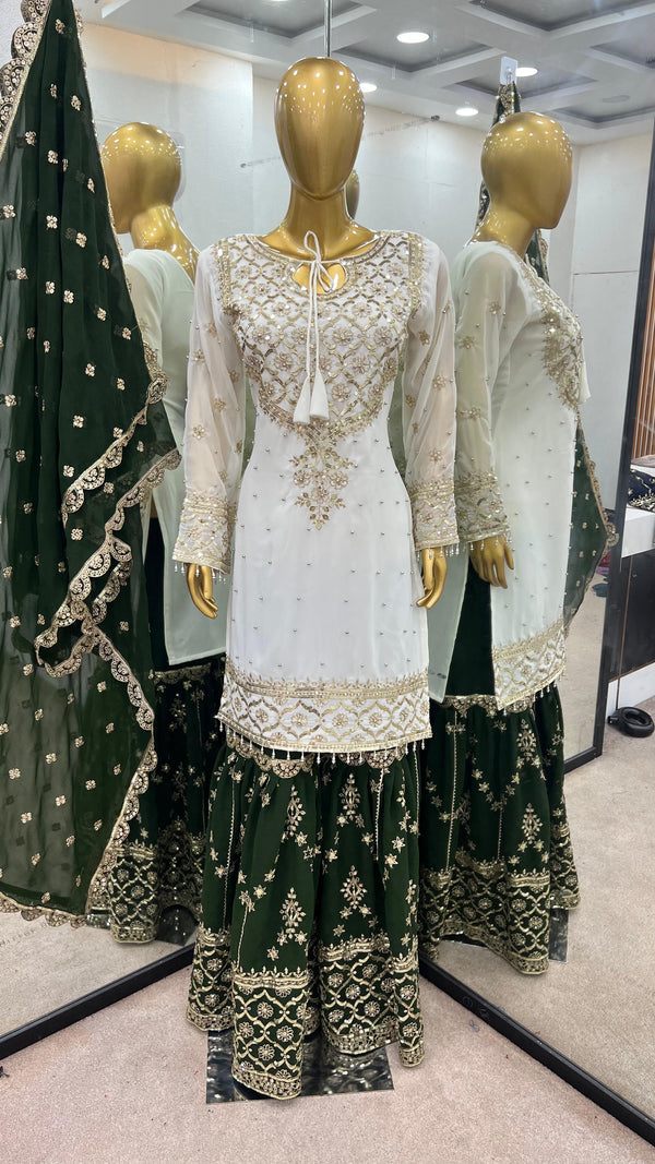 Fabulous Heavy Work White Color Suit With Mehndi Sharara