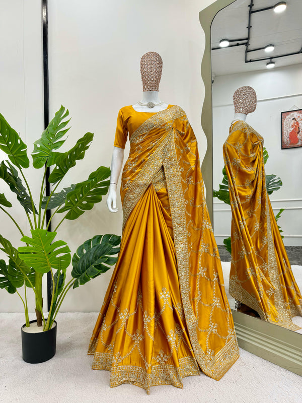 Superhit Satin Silk Yellow Color Saree