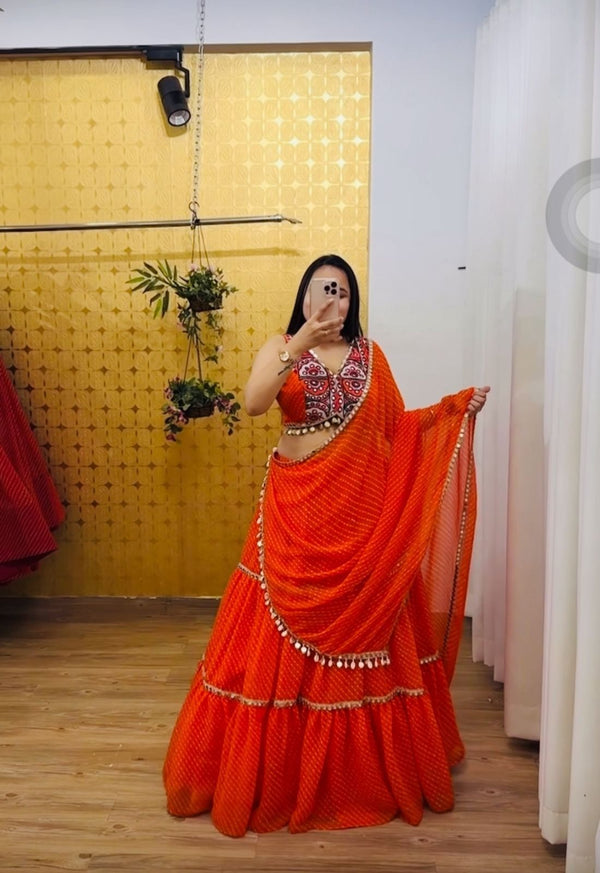 Ravishing Orange Georgette Print Work Lehenga Choli