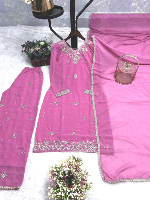 Attractive Embroidery Work Pink Color Palazzo Suit