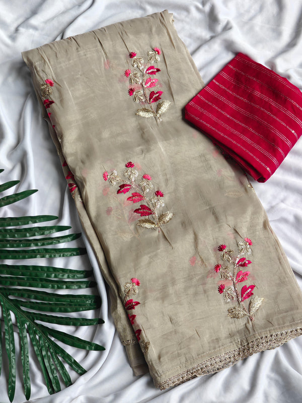 Designer Beige Embroidery Work Silk Saree