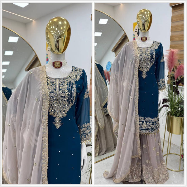 Glimmering Georgette Teal Blue Color Sharara Suit