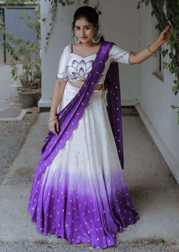 Demanding Chinon Digital Print White & Purple Color Lehenga Choli
