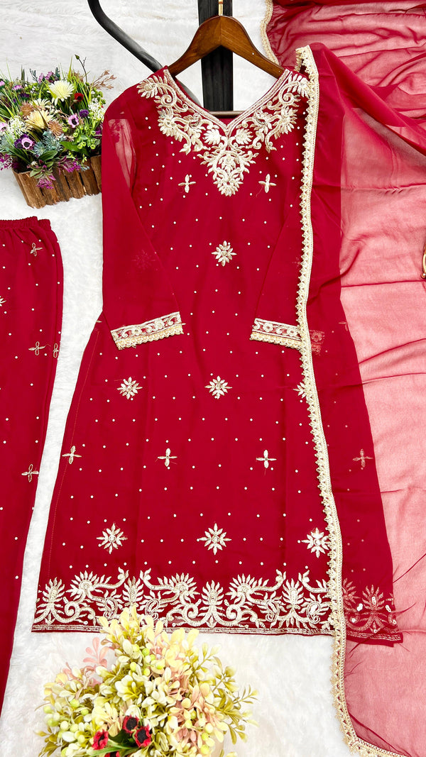 Attractive Embroidery Work Red Color Palazzo Suit
