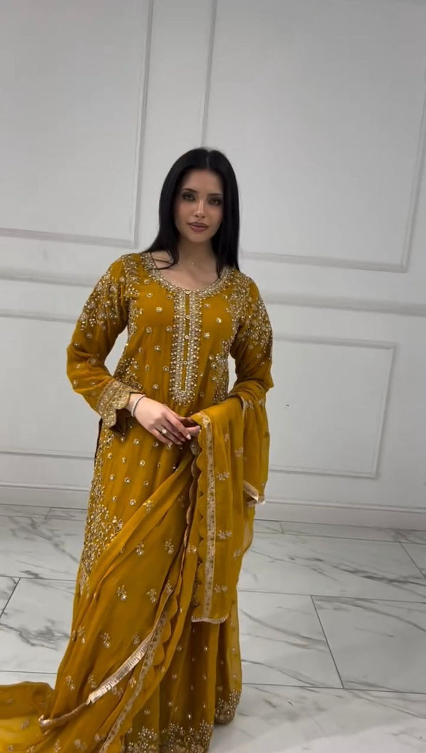 Gorgeous Mustard Color Sequence Work Sharara Suit