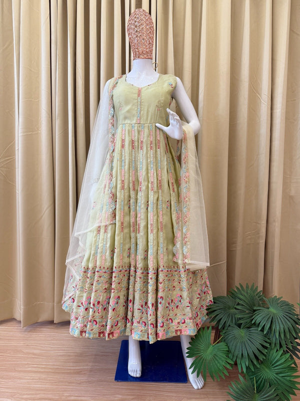 Glorious Pista Simmer Embroidery Work Gown