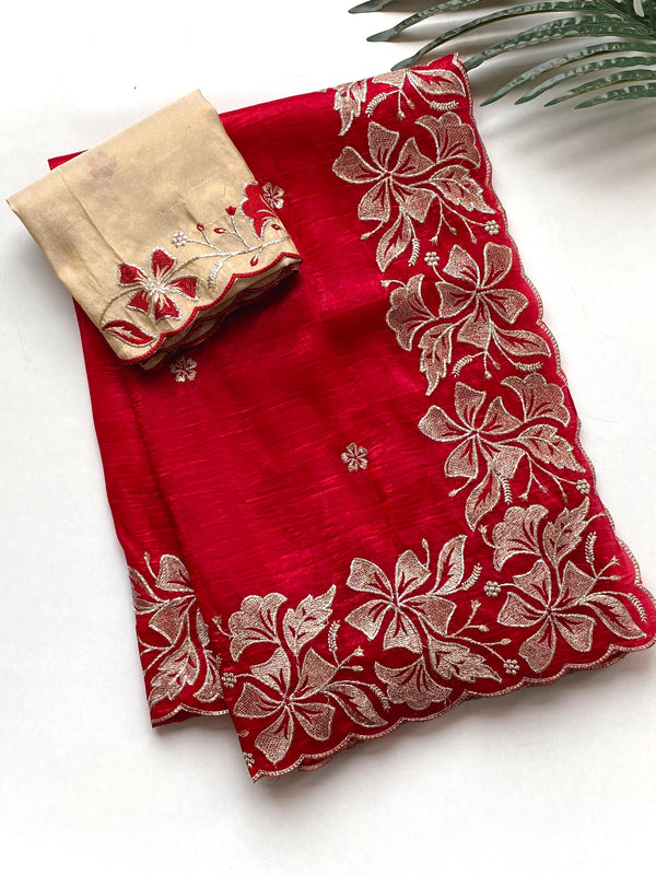 Traditional Wear Flower Border Red Color Saree
