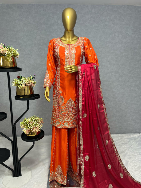 Glossy Orange Color Chinon Silk Palazzo With Dupatta Set